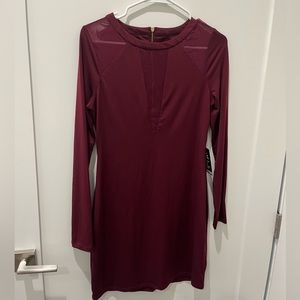 Long-sleeve burgundy Express mini dress with mesh insert cutouts
